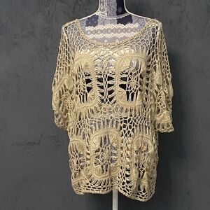 Maurices Blouse Women Plus 3 Beige Geometric Crochet Short Sleeve Boat Neck Top